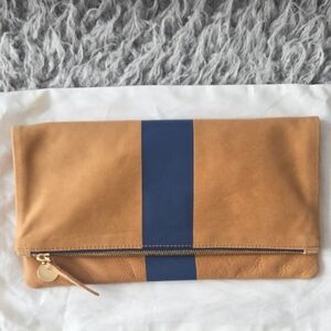 Clare V OG Foldover Cluth In Tan Leather W/blue Racer Stripe